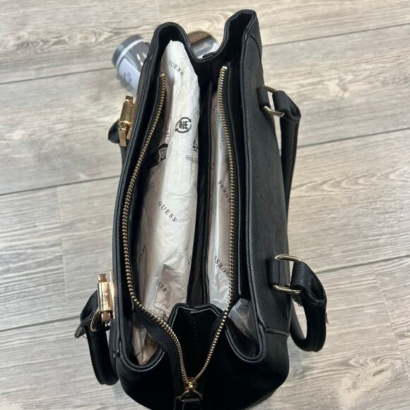 NWT Guess Breana Black Logo Satchel Handbag + Bag Charm - Picture 5 of 6